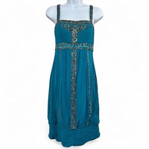 Sue Wong Nocturne Silk Dress 4 Teal Embellished Cocktail‎ Regency Flapper Gatsby